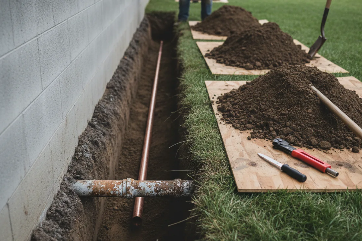 Excavated water line trench during Sewer Line Repair in Merion Station